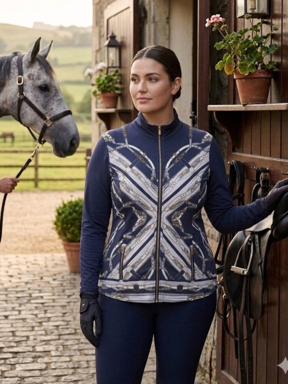 Charter Club Equestrian Print Zip Up Jacket Size XL